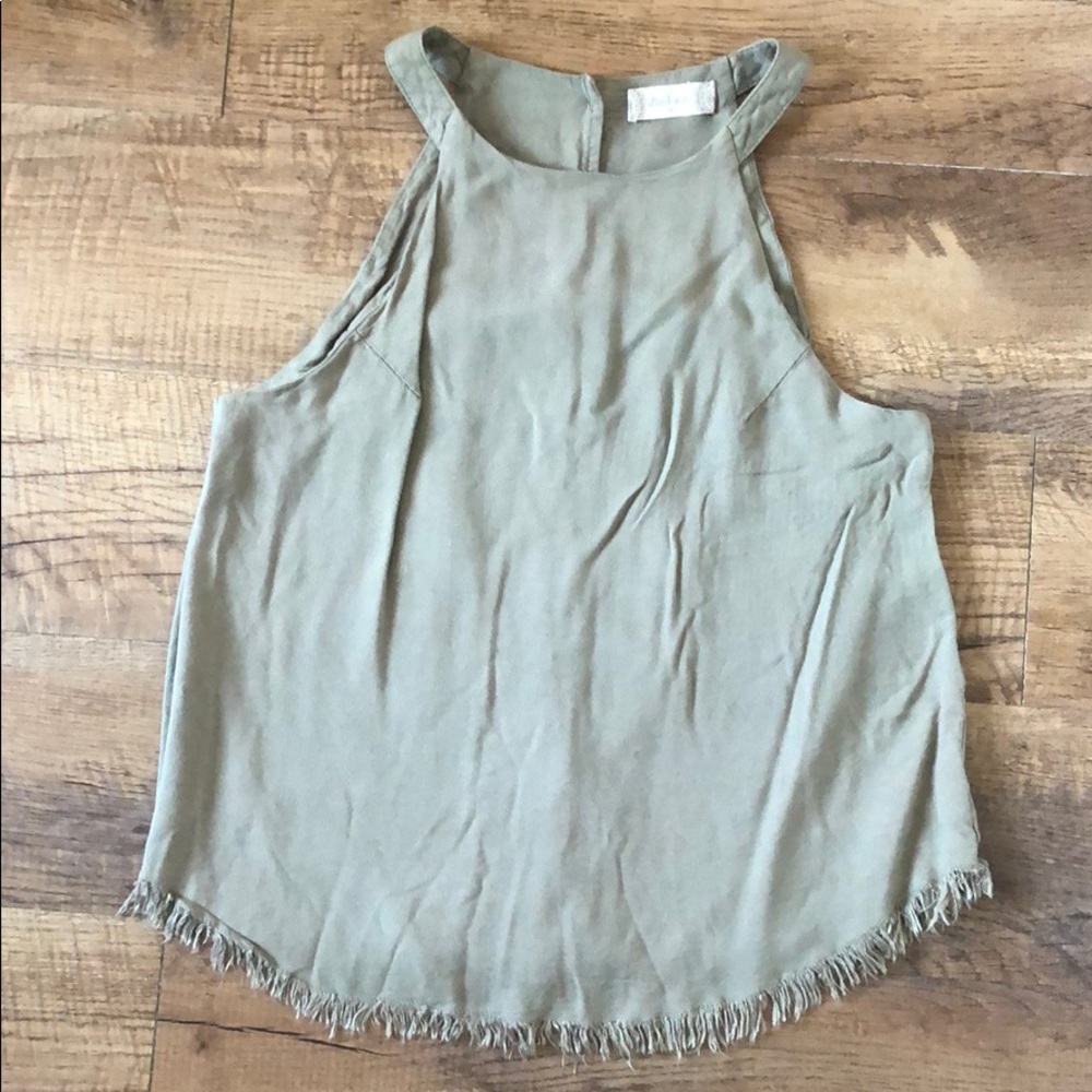 Olive Green High Neck Frayed Hem Tank